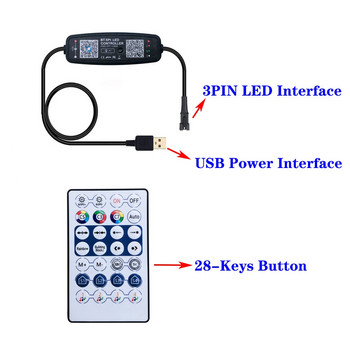 DC5-24V 3Pin Smart 28Keys Led Controller με Music Pixel Τηλεχειριστήριο μικροφώνου Bluetooth για 5050 RGB μεμονωμένο λωρίδα φωτισμού διεύθυνσης