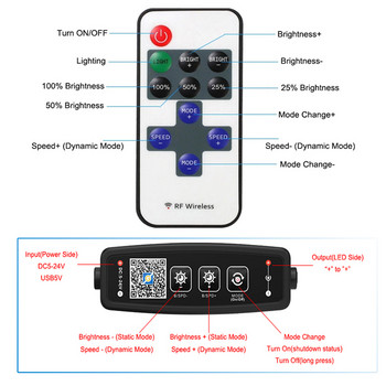 Едноцветни светодиодни ленти Димерен контролер BT/APP бутон 11-ключово RF дистанционно управление за 5050 2835 SMD COB лента светлина DC5-24V