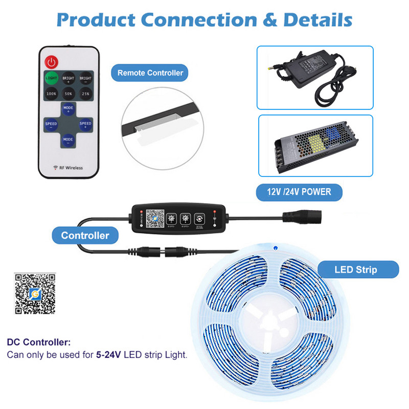 Egyszínű LED szalagos fényerőszabályzó vezérlő BT/APP gomb 11 gombos RF távirányító 5050 2835 SMD COB szalagos lámpa DC5-24V