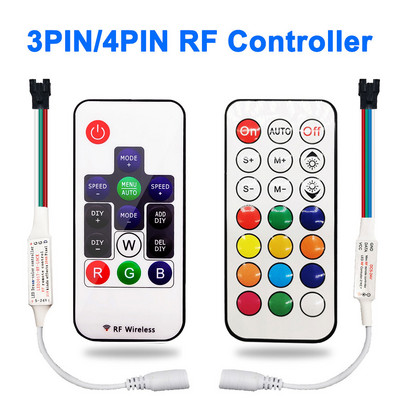 DC5-24V MINI RF kontrolieris 3PIN WS2812 WS2811 4PIN WS2813 WS2815 LED sloksnes gaismas 14/21 Keyes bezvadu tālvadības pults 350+ Dream Effect