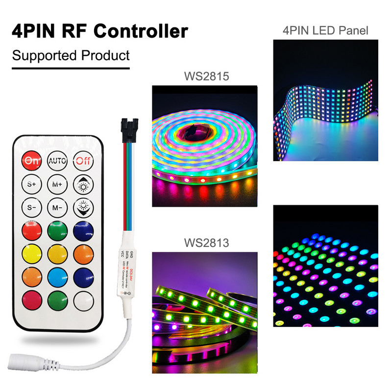 DC5-24V MINI RF Controller 3PIN WS2812 WS2811 4PIN WS2813 WS2815 LED Strip Lights 14/21 Keys Wireless Remote 350+ Dream Effect