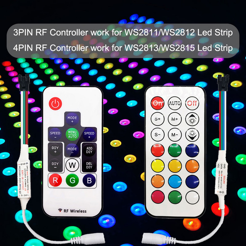 DC5-24V MINI RF Controller 3PIN WS2812 WS2811 4PIN WS2813 WS2815 LED Strip Lights 14/21 Keys Wireless Remote 350+ Dream Effect