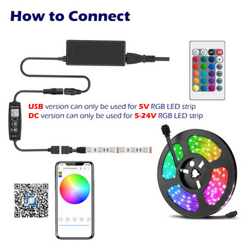 Συμβατό με Bluetooth RGB LED Strip Controller DC 5V 12V 24V Music BT Smart APP Controller Voice Control for 5050 Tape Lights