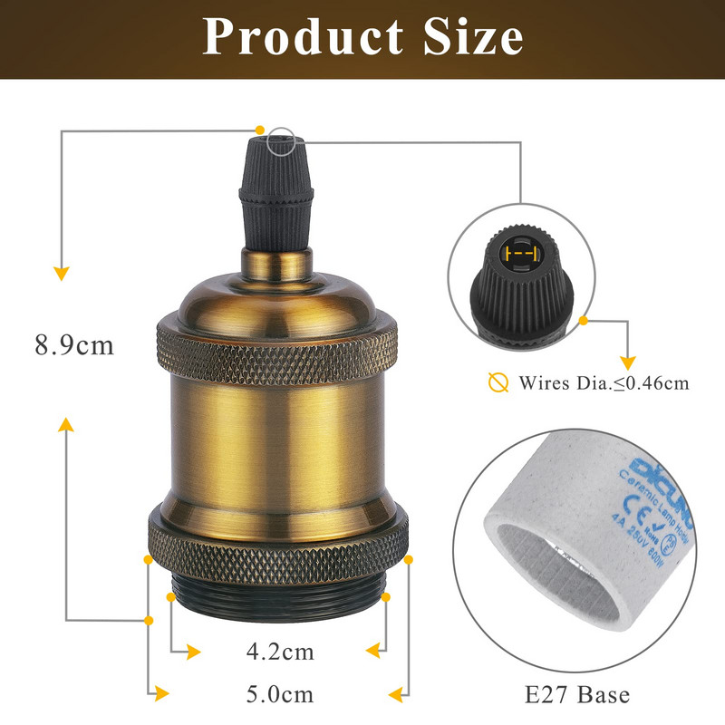 Hcnew Vintage Edison Soclu de bază E27 E26 Aluminiu Bronz Auriu Suport lampă Retro Corpuri de iluminat Suport lampă suspendat Decor pentru casă