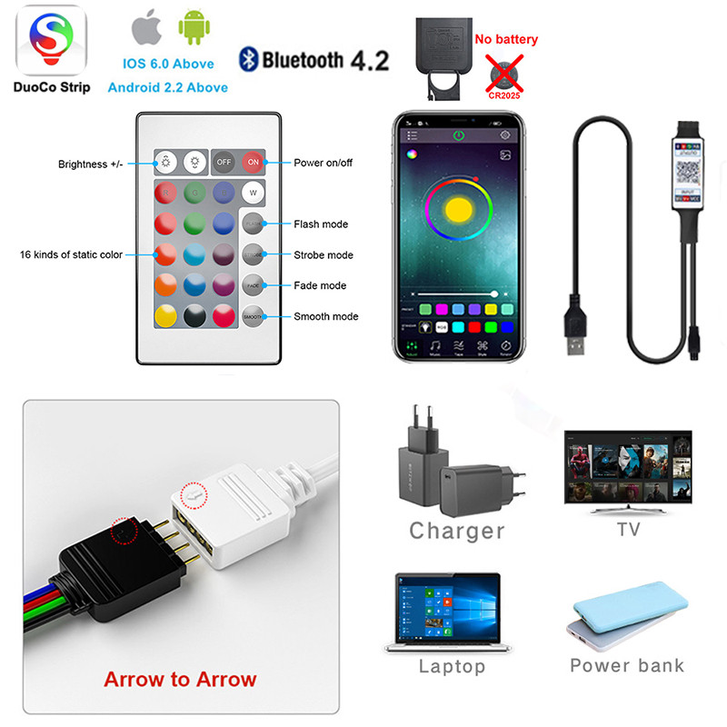 DuoCo Strip Bluetooth 24Key Rgb Controller Smart Control Rgb Led Tape 5050 2835 Neon Strips 5V 12V Led Lights Straps Usb