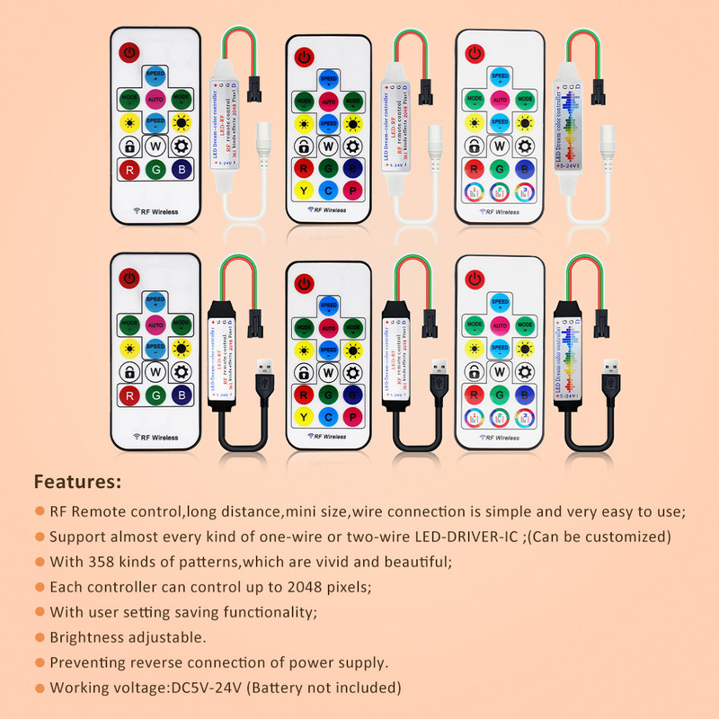USB RGB LED Controller 2048 Pixel Light Addressable DC5-24V 14 key 17key SPI RGBW Music RF Wireless Remote Control Magic Color