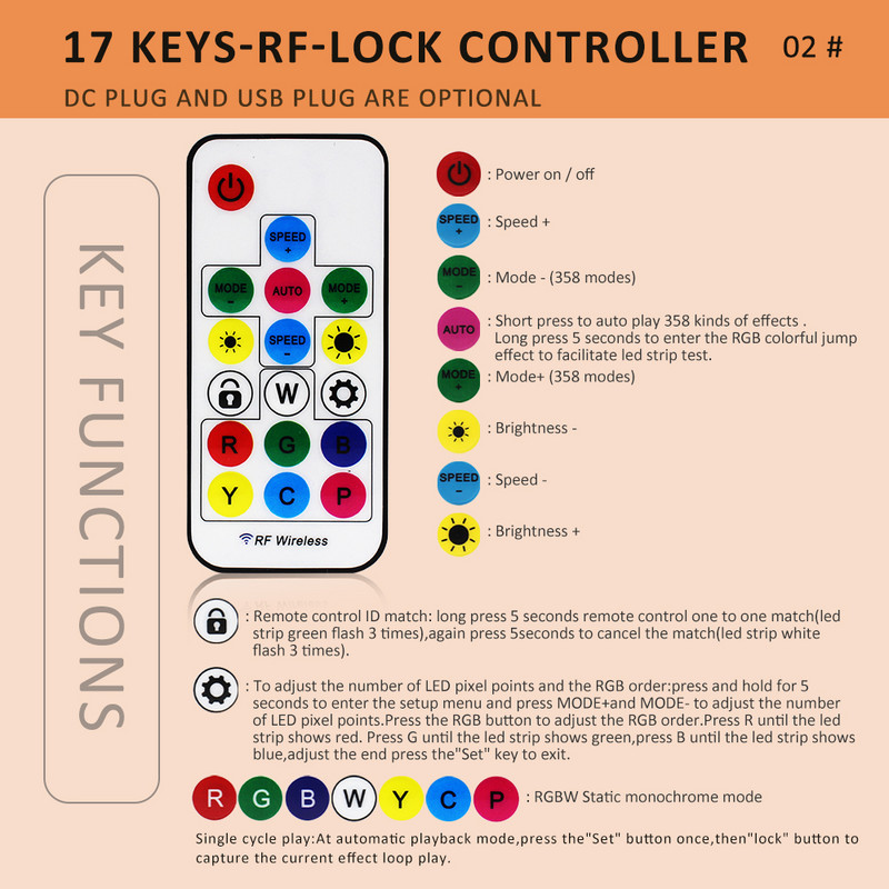 USB RGB LED Controller 2048 Pixel Light Addressable DC5-24V 14 key 17key SPI RGBW Music RF Wireless Remote Control Magic Color