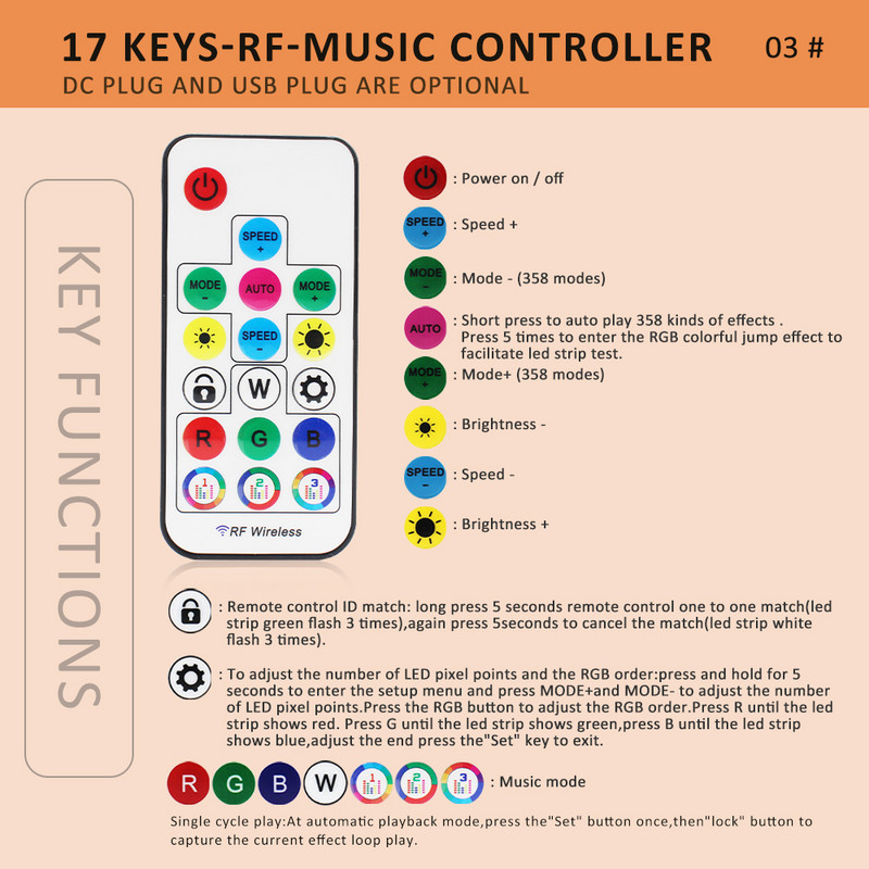 USB RGB LED Controller 2048 Pixel Light Addressable DC5-24V 14 key 17key SPI RGBW Music RF Wireless Remote Control Magic Color