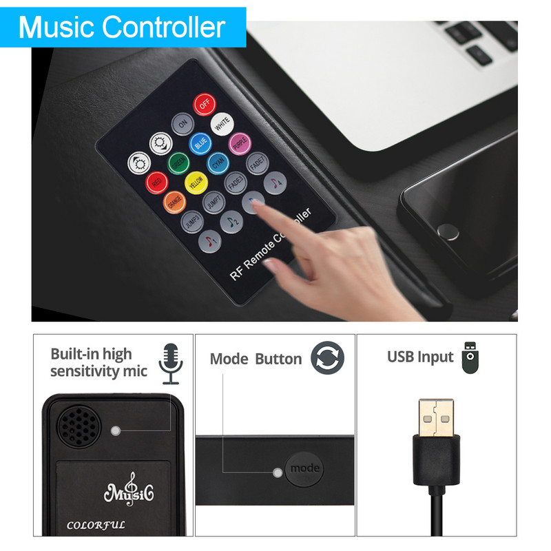 USB LED valdiklis Mini 3 Key RF 17 Key Music 20 Key IR 24 Key, Bluetooth APP valdymas, RGBW 17 Key RGB LED juostos šviesos spalvos keitimas