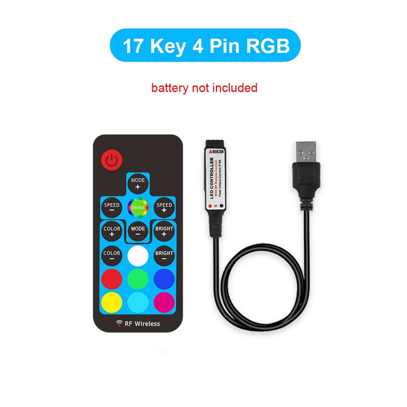 USB LED valdiklis Mini 3 Key RF 17 Key Music 20 Key IR 24 Key, Bluetooth APP valdymas, RGBW 17 Key RGB LED juostos šviesos spalvos keitimas