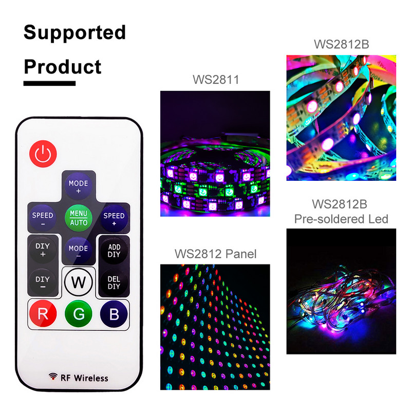 DC5V -24V Mini RGB juhtmevaba nutikas LED-kontroller 14-klahvilise RF-puldiga WS2812 WS2811 värviriba valgusti jaoks