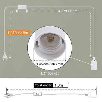 1.8M Държач за основа на лампа Кабел за захранващ кабел E26 E27 EU US Висящ висулка LED осветително тяло Адаптери за кабел с превключвател