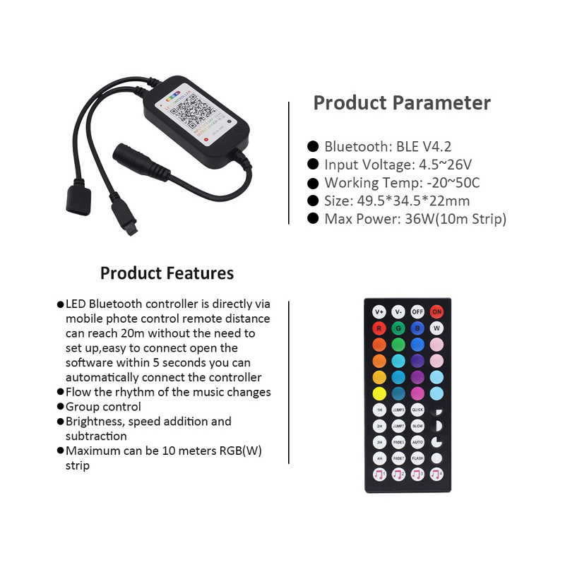 RGB valdiklis 24 V 12 V DC 5 V 44 mygtukai IR belaidis mini valdymas Bluetooth muzikos nuotolinio valdymo pultelis, skirtas 5050 2835 LED juostiniams žibintams
