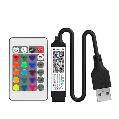 Bluetooth RGB LED sloksnes kontrolieris ar 24 taustiņu infrasarkano staru tālvadības dimmer mūzikas tālruņa APP kontroles spilgtuma regulēšanu 5050 lentes apgaismojumam