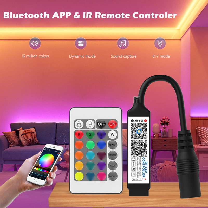 Bluetooth RGB LED sloksnes kontrolieris ar 24 taustiņu infrasarkano staru tālvadības dimmer mūzikas tālruņa APP kontroles spilgtuma regulēšanu 5050 lentes apgaismojumam