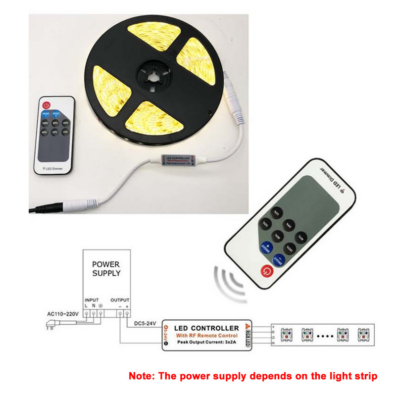 9/11 Keys Mini Wireless RF kaugjuhtimispuldi dimmer Reguleerige heledust 5050/3528/5730/3014 ühevärvilise ribavalgustuse jaoks DC5-24V