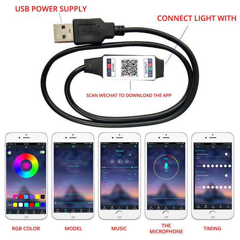 Χειριστήριο Mini RGB συμβατό με Bluetooth DC 12V USB Έξυπνος έλεγχος APP Λωρίδα φωτός LED φωτισμός ατμόσφαιρας εξαιρετικά φωτεινός