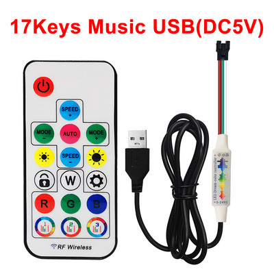 DC5-24V mini 3kontaktiga 17 klahviga muusikakontroller DC USB RF kaugjuhtimispult 358 režiimi 5050 RGB individuaalselt adresseeritava valgusriba jaoks