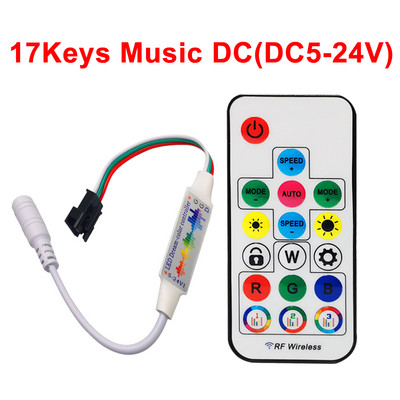 DC5-24V mini 3kontaktiga 17 klahviga muusikakontroller DC USB RF kaugjuhtimispult 358 režiimi 5050 RGB individuaalselt adresseeritava valgusriba jaoks