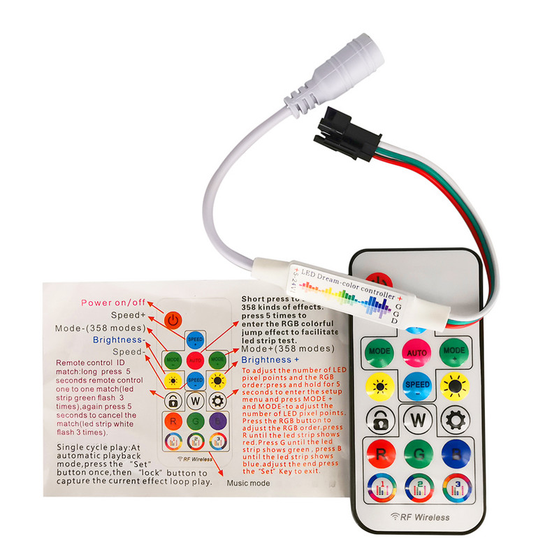 DC5-24V mini 3kontaktiga 17 klahviga muusikakontroller DC USB RF kaugjuhtimispult 358 režiimi 5050 RGB individuaalselt adresseeritava valgusriba jaoks
