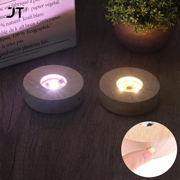 8CM дървена LED лампа за дисплей, USB акумулаторна кристална стъклена смола Art Ornament, дървена основа за нощна лампа Стойка за дисплей