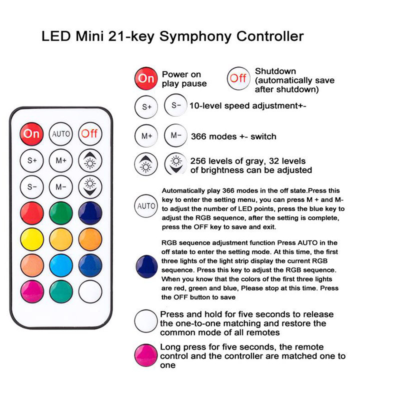 WS2812B WS2811 Ελεγκτής φώτων LED RF 14 κλειδιών 21 πλήκτρων τηλεχειριστήριο Wireless 350+ Dream Effect 4pin SM JST RGB Led Strip Light DC5-24v O