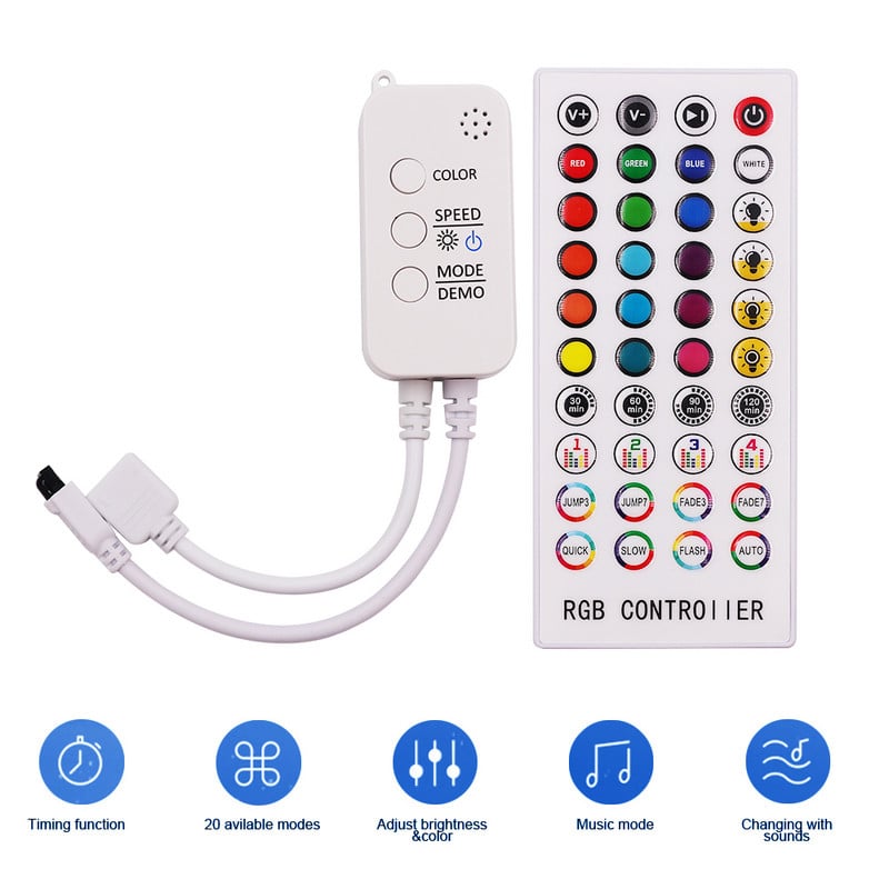 RGB LED ovládač DC12-24V Bluetooth ovládanie hudby s časovačom 40-klávesové IR diaľkové ovládanie pre 2835 5050 RGB LED pásové svetlo