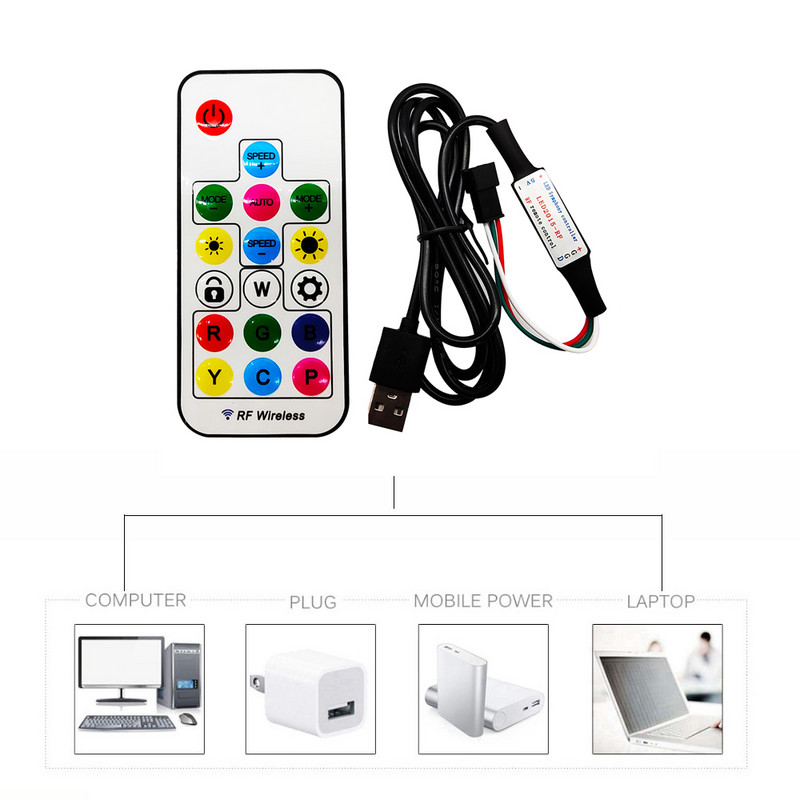 DC5V USB 17 taste Mini controler RF LED Magic Color Telecomandă fără fir pentru panou de bandă 3Pin, adresabil individual, 5050 pixeli RGB