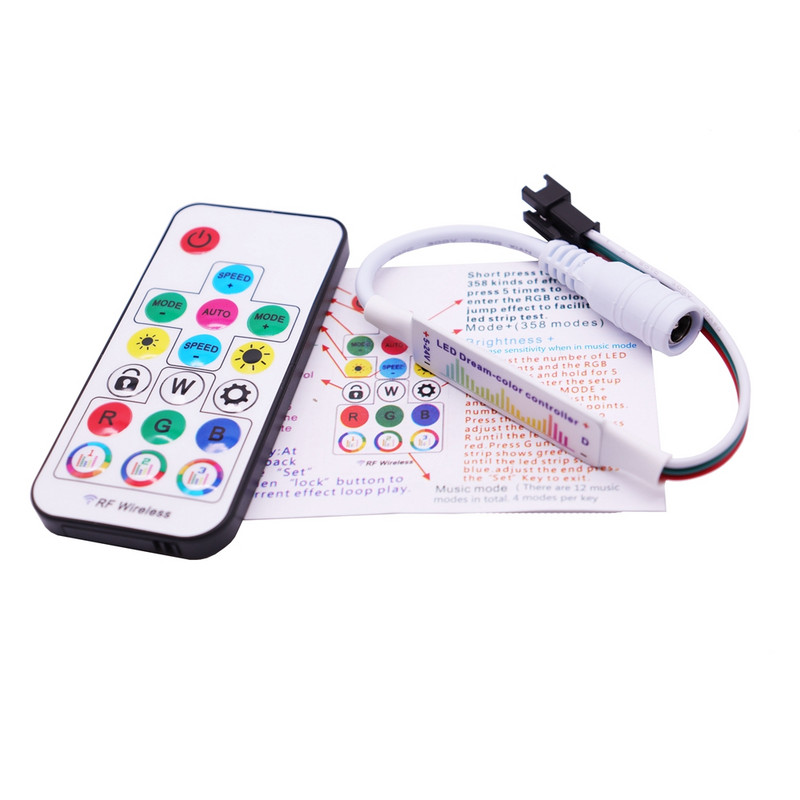 WS2811 WS2812B 5050 RGB Led Strip Light Music Controller MINI 17 Keys RF Remote Control 370 Modes Αλλαγή DC/USB DC5-24V