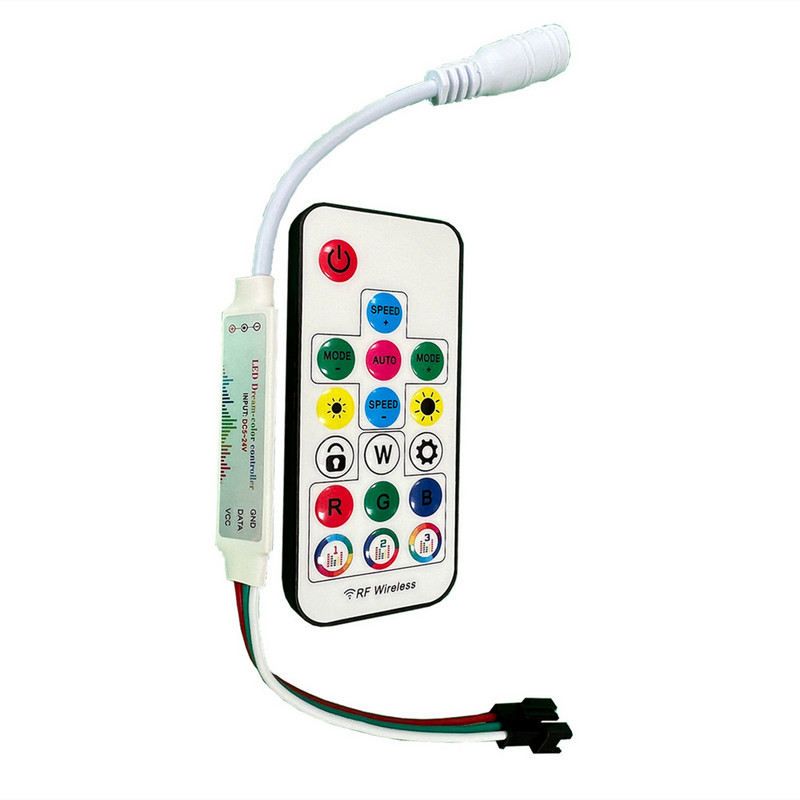DC5V-12V 24V RGB LED-muusikakontroller, 17 klahviga RF juhtmevaba piksli-IC SPI värviline WS2811 WS2812B SK9822 SK6812 ribavalgustuslint