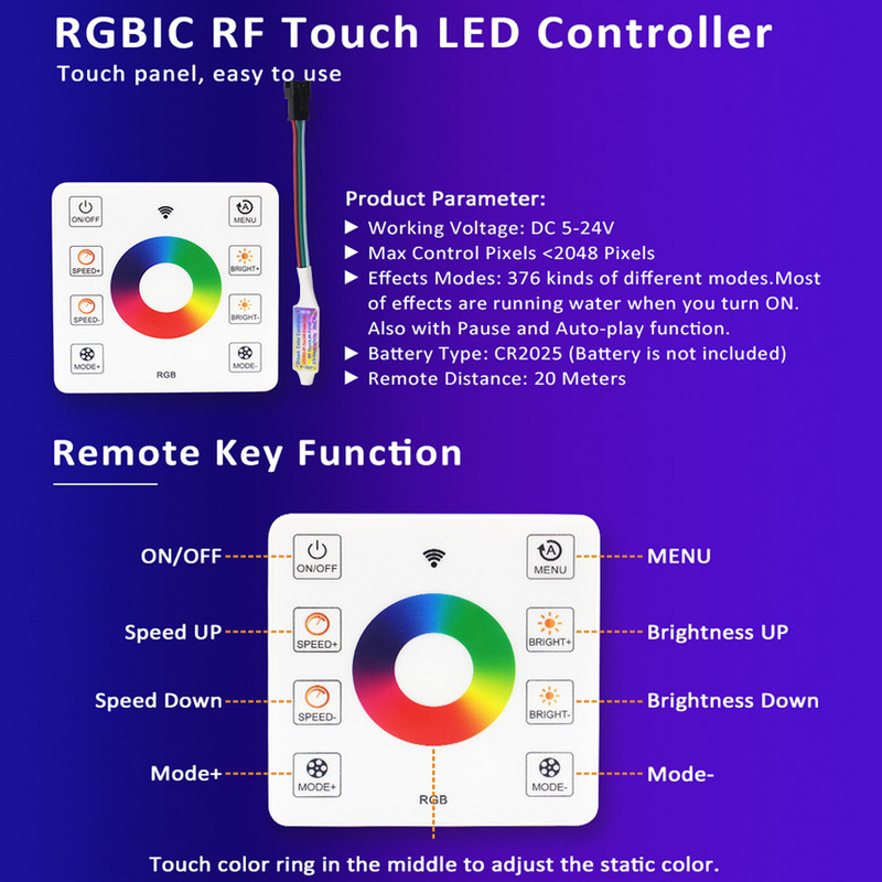 8 taustiņu skārienpaneļa LED kontrolleris DC5-24V WS2812B WS2811 vienkrāsains CCT RGB tekošā ūdenī plūstošs zirgu skriešanās sacīkšu LED sloksne