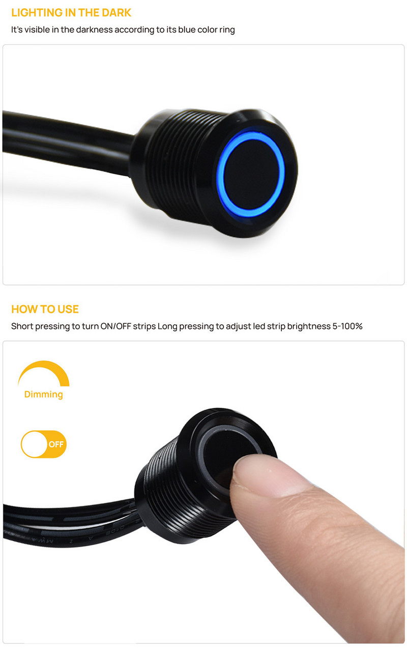 LED reguliatorius DC 12V 24V Metalinis įleidžiamas jutiklinis jungiklio mygtuko valdymas be pakopų pritemdomas LED juostelei pasidaryk pats lova spinta