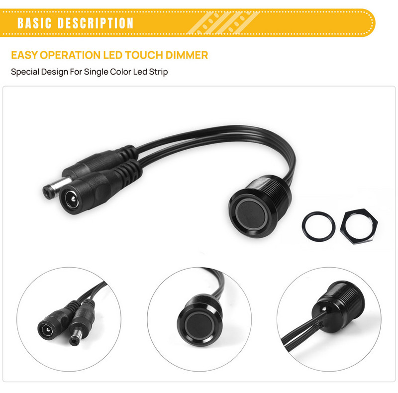 LED reguliatorius DC 12V 24V Metalinis įleidžiamas jutiklinis jungiklio mygtuko valdymas be pakopų pritemdomas LED juostelei pasidaryk pats lova spinta