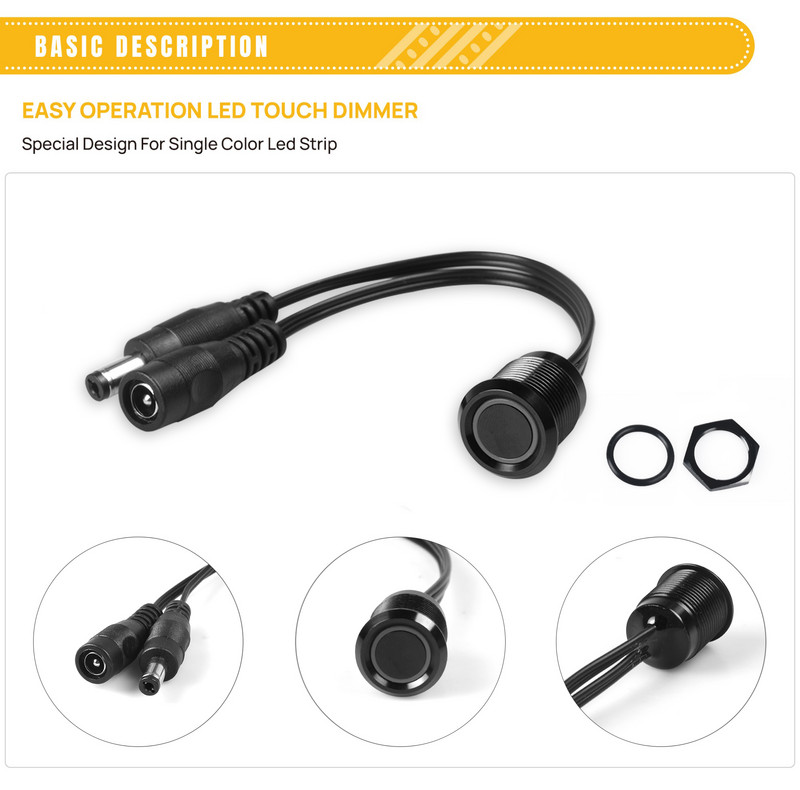 Сензорен превключвател за димиране DC12V-24V Led Smart Dimmer Черен за светлинни ленти Кабинет Използване на закрито