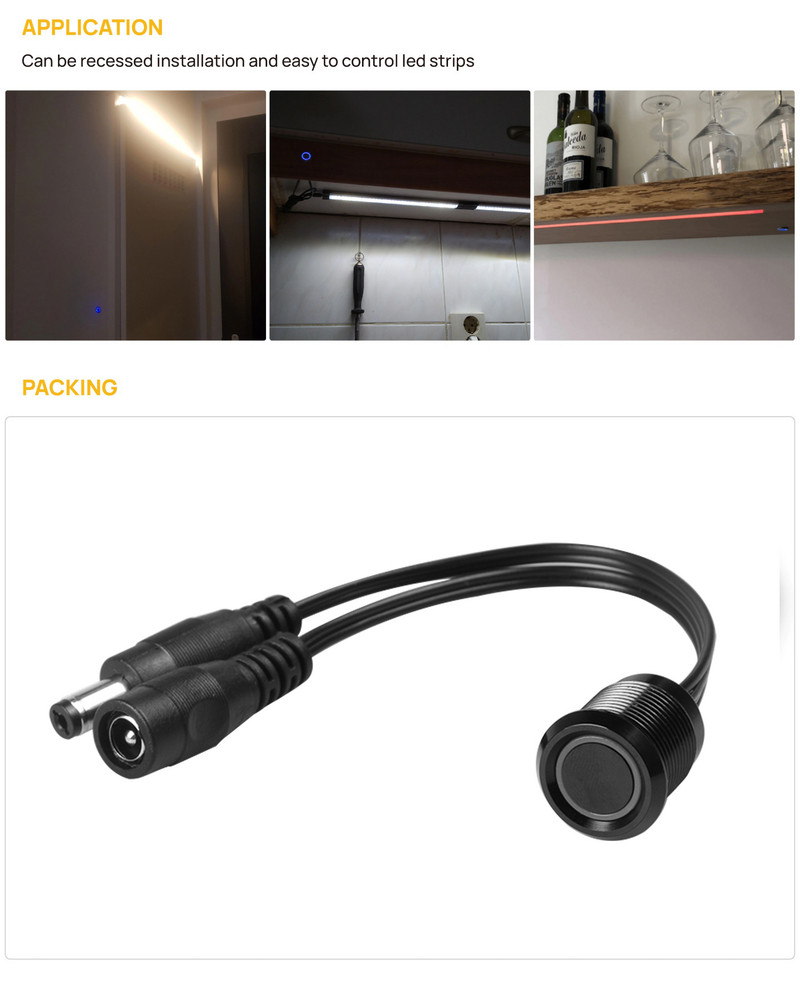 Сензорен превключвател за димиране DC12V-24V Led Smart Dimmer Черен за светлинни ленти Кабинет Използване на закрито