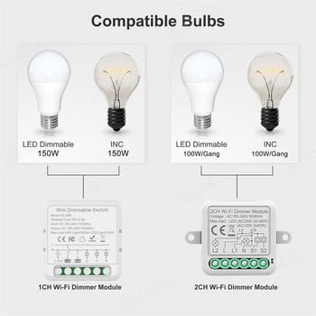 Tuya WiFi Smart Dimmers Switch Module поддържа двупосочен контрол LED светлини Dimmable Switch Работи с Alexa Google Home