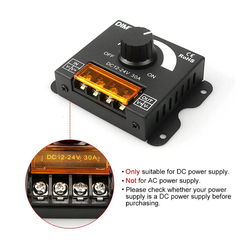 DC 12V 24V LED fényerőszabályzó kapcsoló 30A 360W feszültségszabályozó állítható vezérlő LED szalagos lámpa LED PWM fényerőszabályzókhoz