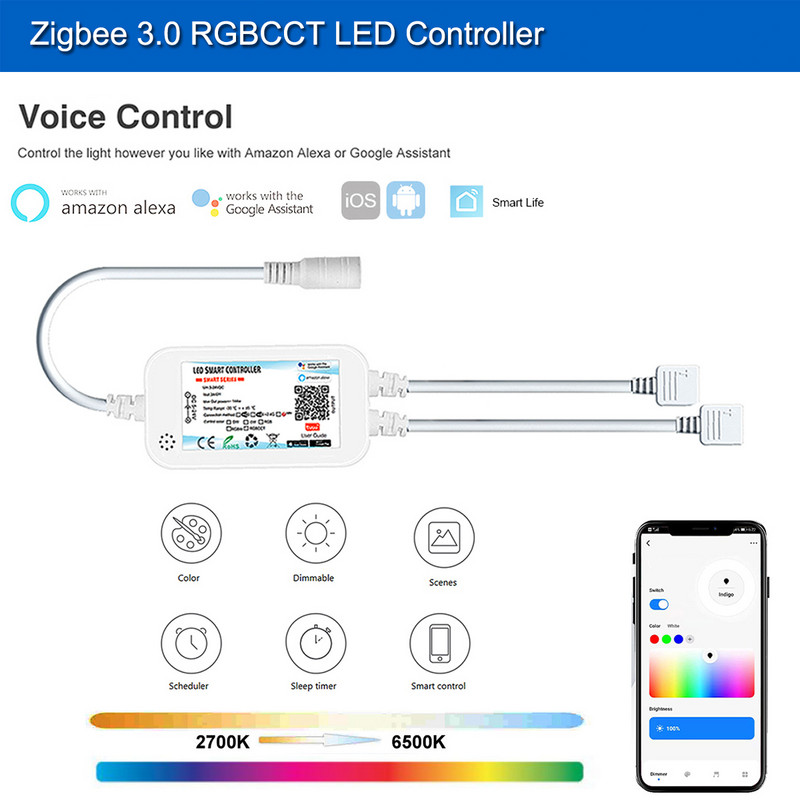 Kahe väljundiga Zigbee 3.0 LED-kontroller DC5V 12V 24V 5050 CCT/RGB/RGBWW/RGBCCT LED-riba valgusdimmeriga kaugjuhtimispult Smart Tuya Zigbee