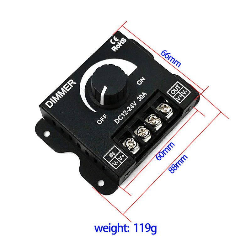 DC12-24V Dimmer φωτισμού για φώτα LED 8A 30A Stepless LED Dimmers 10W 50W 100W 200W 300W Brightness Dimming Switch Controller