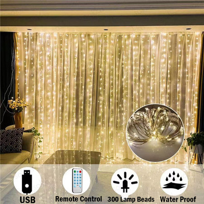 LED girliandos užuolaidų šviestuvai 8 režimai USB nuotolinio valdymo pultas Fairy Lights String Vestuvių Kalėdų dekoras, skirtas namų Ramadano festivalio lempai