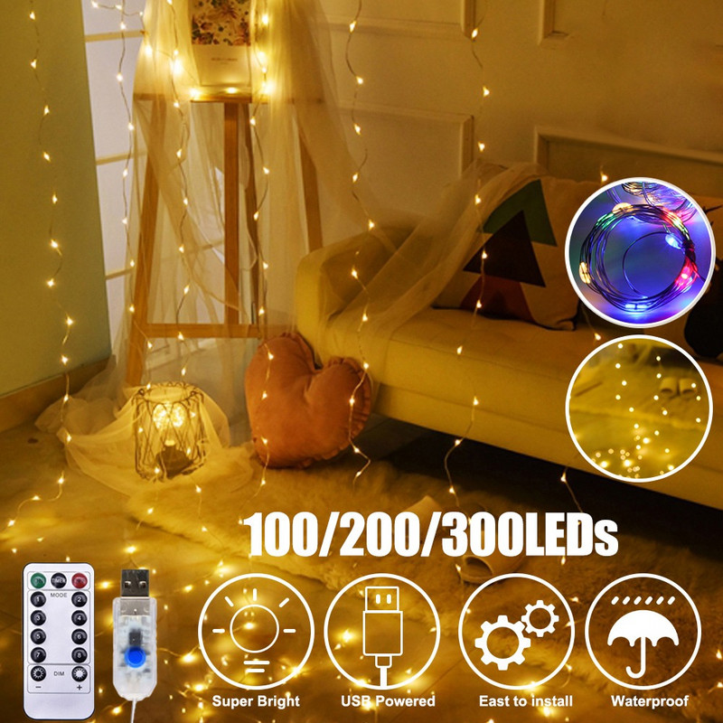 LED girliandos užuolaidų šviestuvai 8 režimai USB nuotolinio valdymo pultas Fairy Lights String Vestuvių Kalėdų dekoras, skirtas namų Ramadano festivalio lempai