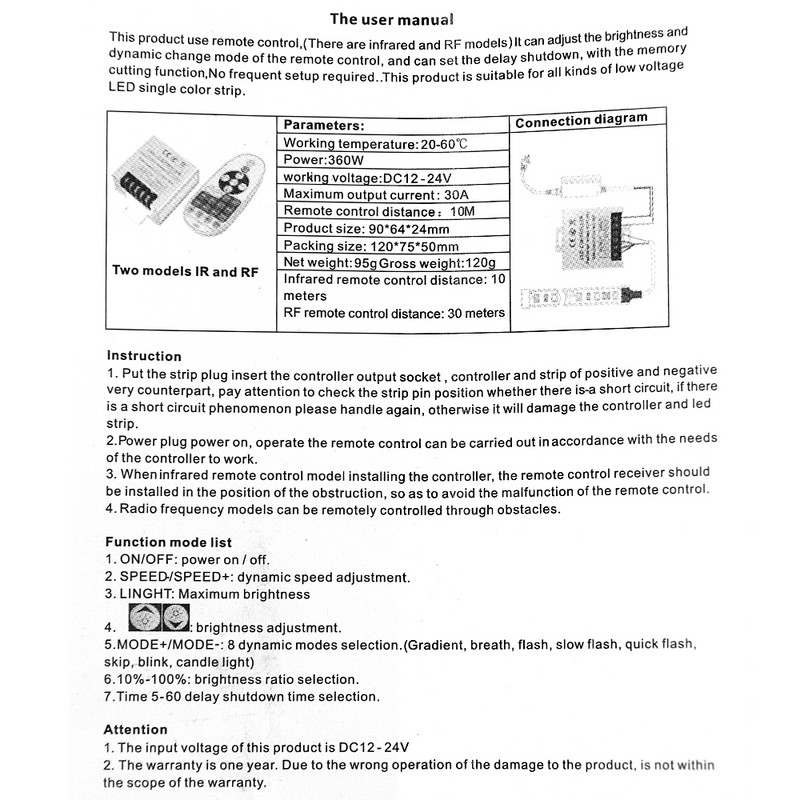 Μονόχρωμος ελεγκτής Led με διακόπτη LED Remote Dimmer DC12-24V For 5050 3528 2835 Μονόχρωμη ταινία Led 360W 36A