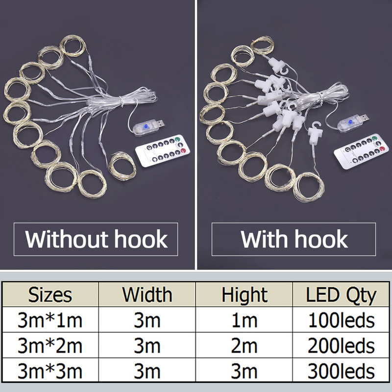 Kalėdų šventės LED dekoravimo šviestuvai Fairy Miegamojo girlianda Nuotolinio apšvietimo užuolaidų šviestuvai su nuotolinio valdymo pulteliu