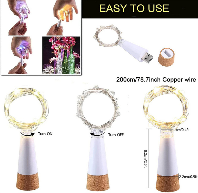 Lumini pentru sticle de vin cu plută USB reîncărcabil 2M 20 leduri în formă de plută sârmă de cupru șir de lumini pentru petrecere DIY Crăciun Halloween