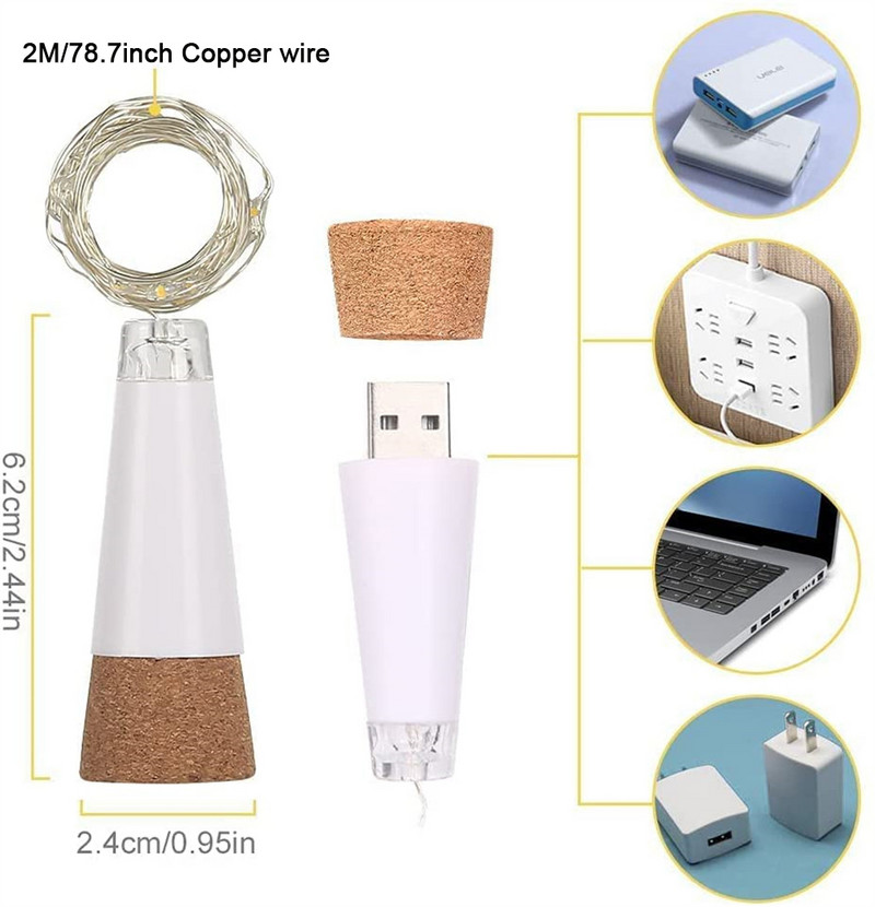 Lumini pentru sticle de vin cu plută USB reîncărcabil 2M 20 leduri în formă de plută sârmă de cupru șir de lumini pentru petrecere DIY Crăciun Halloween