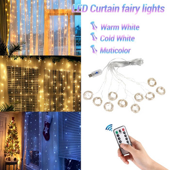 Φωτάκια κουρτίνας LED Garland 8 Λειτουργίες Τηλεχειριστήριο USB Fairy Lights String Χριστουγεννιάτικη διακόσμηση γάμου για πρωτοχρονιάτικο φωτιστικό κρεβατοκάμαρας σπιτιού