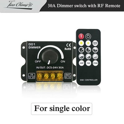 Comutator de luminozitate cu buton pentru bandă LED de 30A cu telecomandă RF fără fir pentru 5630 5050 lumini cu bandă CCT de o singură culoare Dimmerare continuă 5-24V