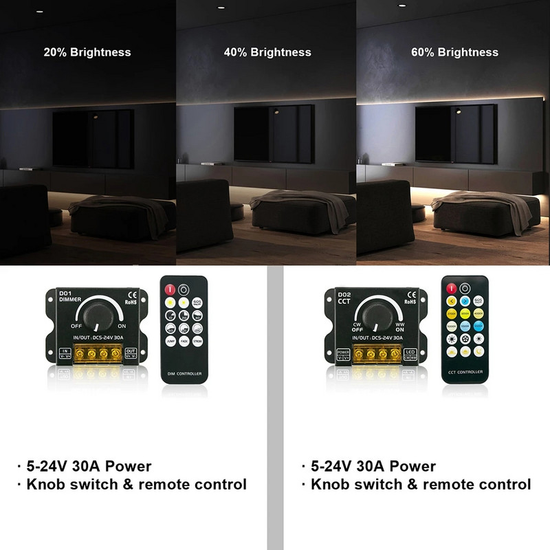 Comutator de luminozitate cu buton pentru bandă LED de 30A cu telecomandă RF fără fir pentru 5630 5050 lumini cu bandă CCT de o singură culoare Dimmerare continuă 5-24V