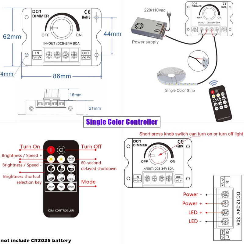 Comutator de luminozitate cu buton pentru bandă LED de 30A cu telecomandă RF fără fir pentru 5630 5050 lumini cu bandă CCT de o singură culoare Dimmerare continuă 5-24V