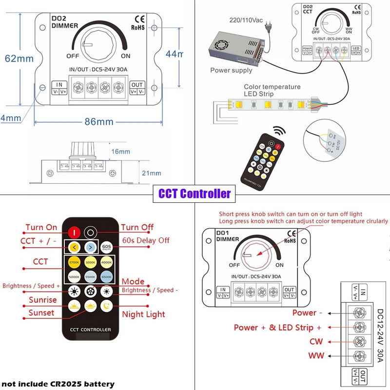 Comutator de luminozitate cu buton pentru bandă LED de 30A cu telecomandă RF fără fir pentru 5630 5050 lumini cu bandă CCT de o singură culoare Dimmerare continuă 5-24V